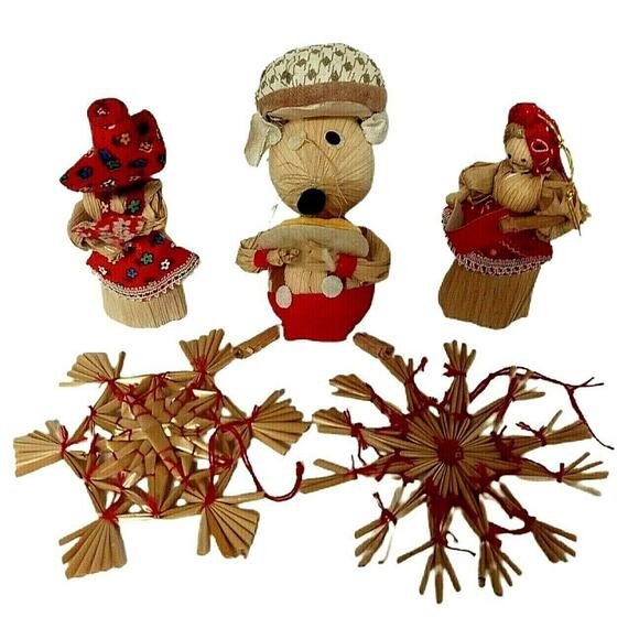 Folk Art Corn Husk Dolls Straw Snowflake Ornaments Primitive Country Christmas - Picture 2 of 8